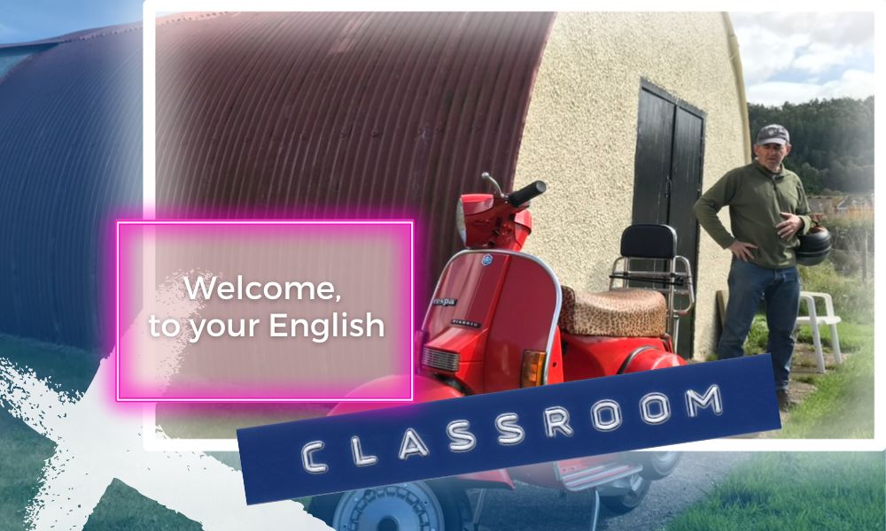 10 tips for choosing an English language school - vespa parked outside Cultybraggen Perthshire no classroom English learning Strathearn