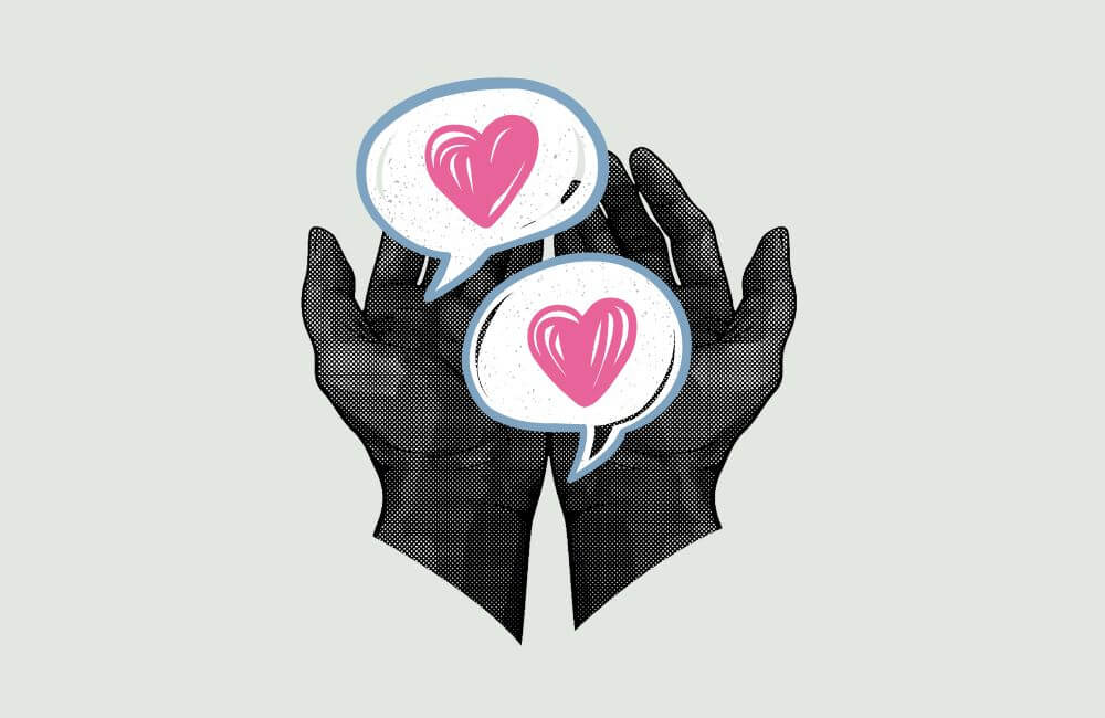 Support for ESL English teacher graphic - hands holding speech bubbles