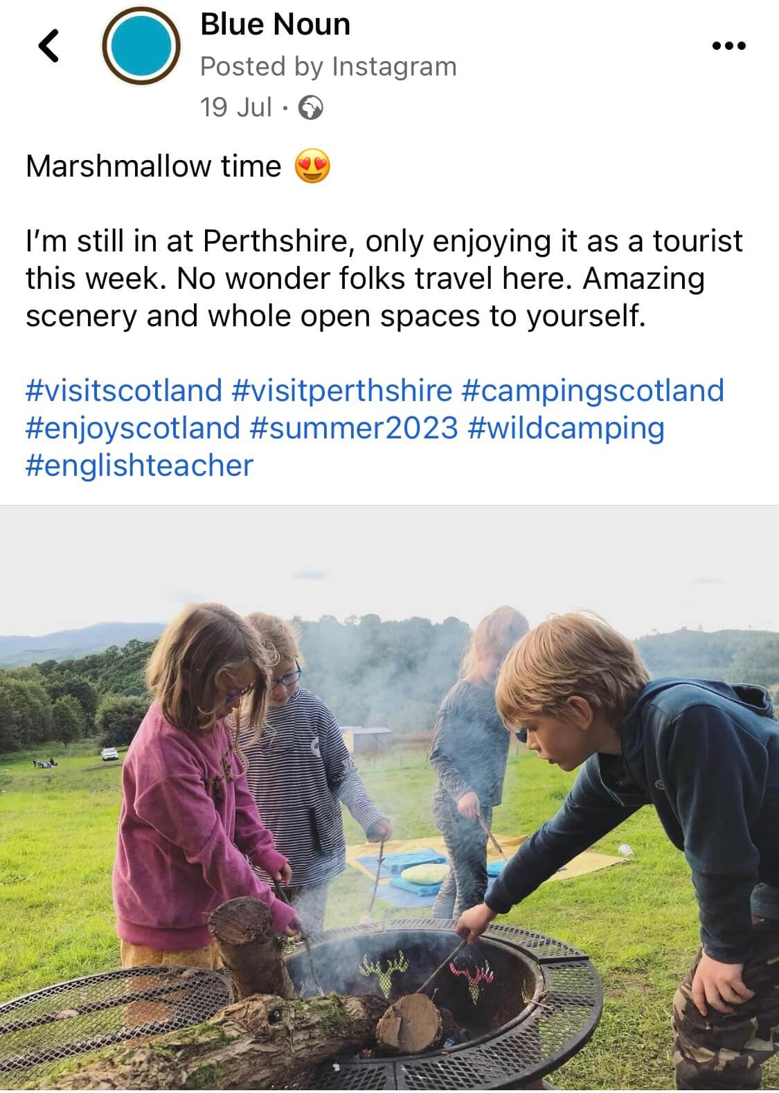 Visit Perthshire facebook screenshot of landscape and kids by campfire