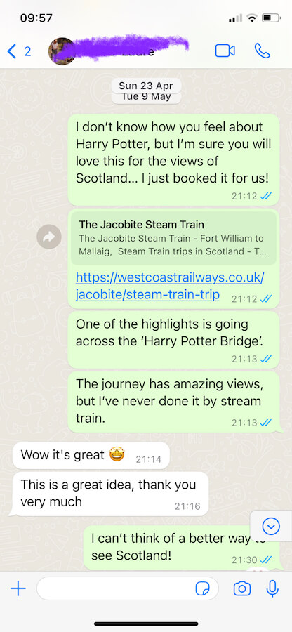 Whatsapp messages arranging best train journey in Scotland 