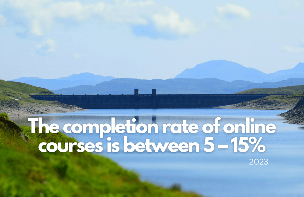 statistic - completion rate for online courses - with a photo of a Scottish dam.