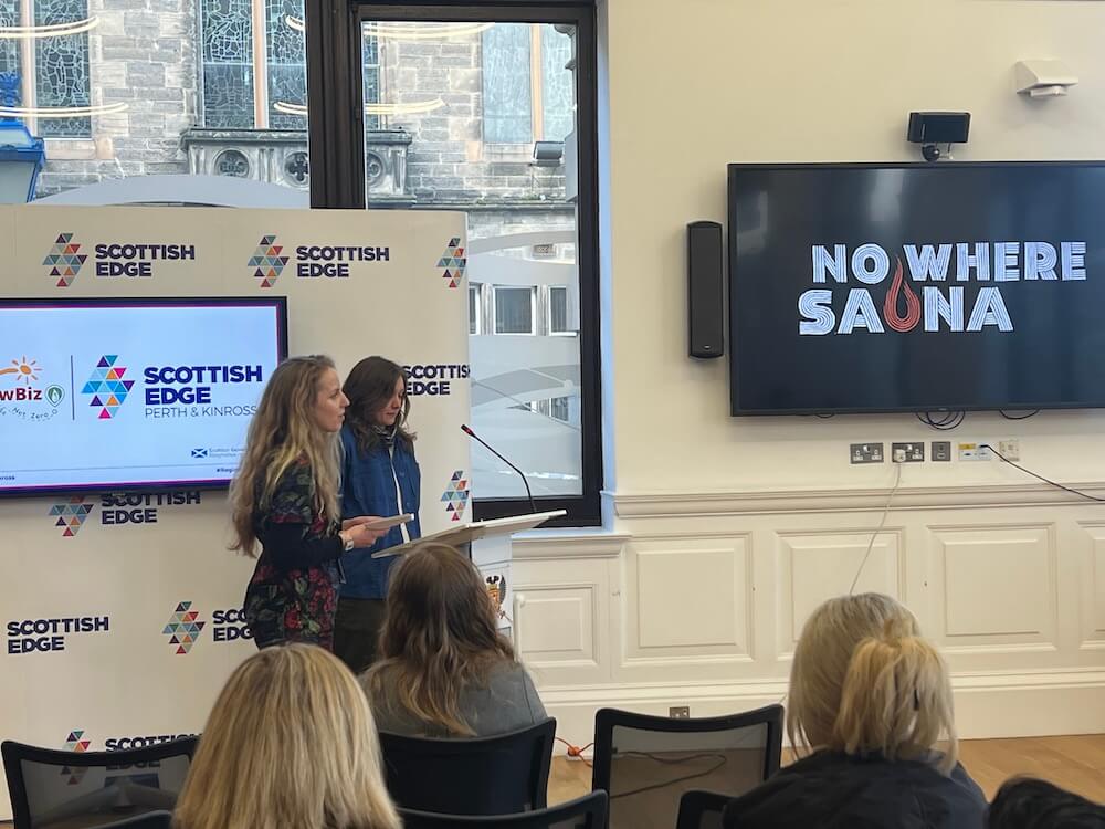 Nowhere sauna pitching for Scottish Edge funding for try a sauna on your language immersion holiday in Scotland