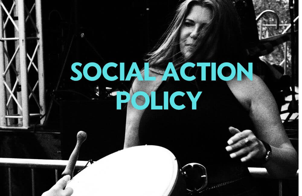social action policy for responsible tourism languae school in Scotland. Image of a female musician sharing her drum.