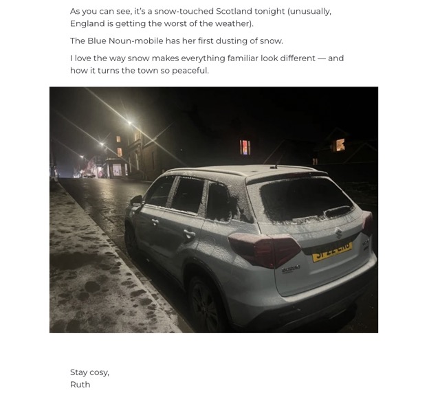 snow car for Scotch Broth newsletter - vignettes of Crieff