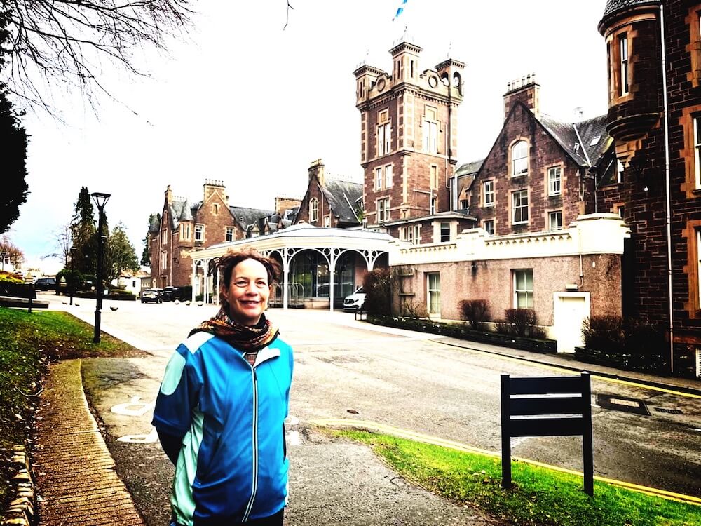 Ruth at Crieff's Hydro Hotel on a walk exploring the landscape use and tourism of Crieff