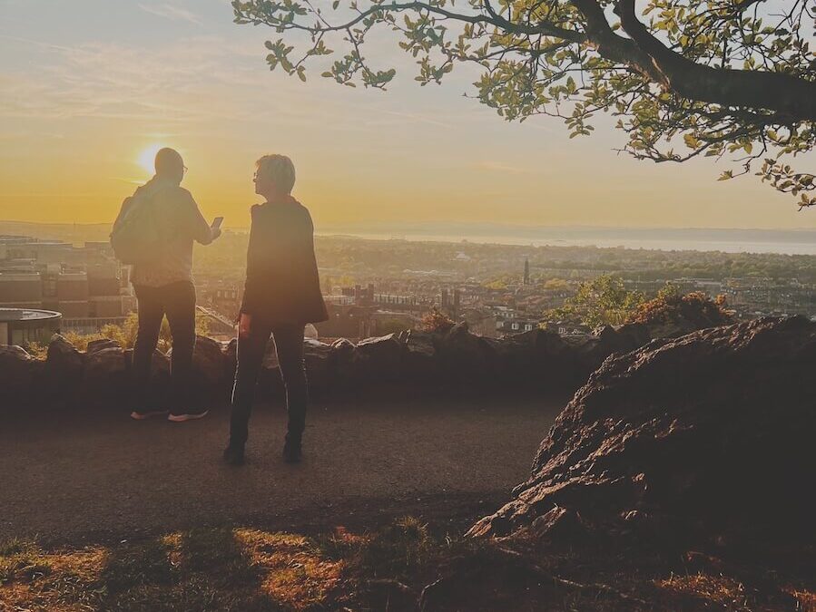 Couple looking at Edinburgh, view from Carlton hill