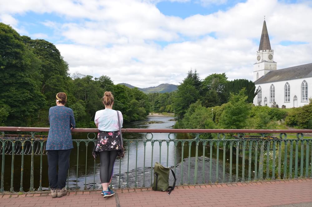 English coach Ruth Pringle and Jen Newall on a guided walk in Comrie, Perthshire for purposeful travel in Scotland
