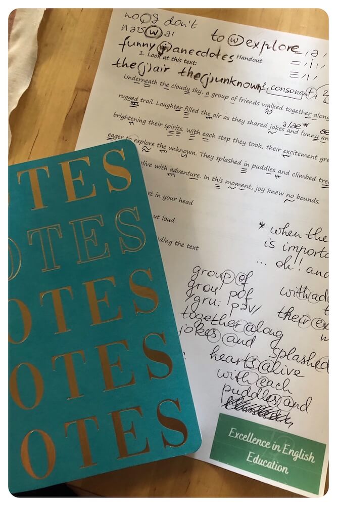 Pronunciation notes written by English learners during a workshop