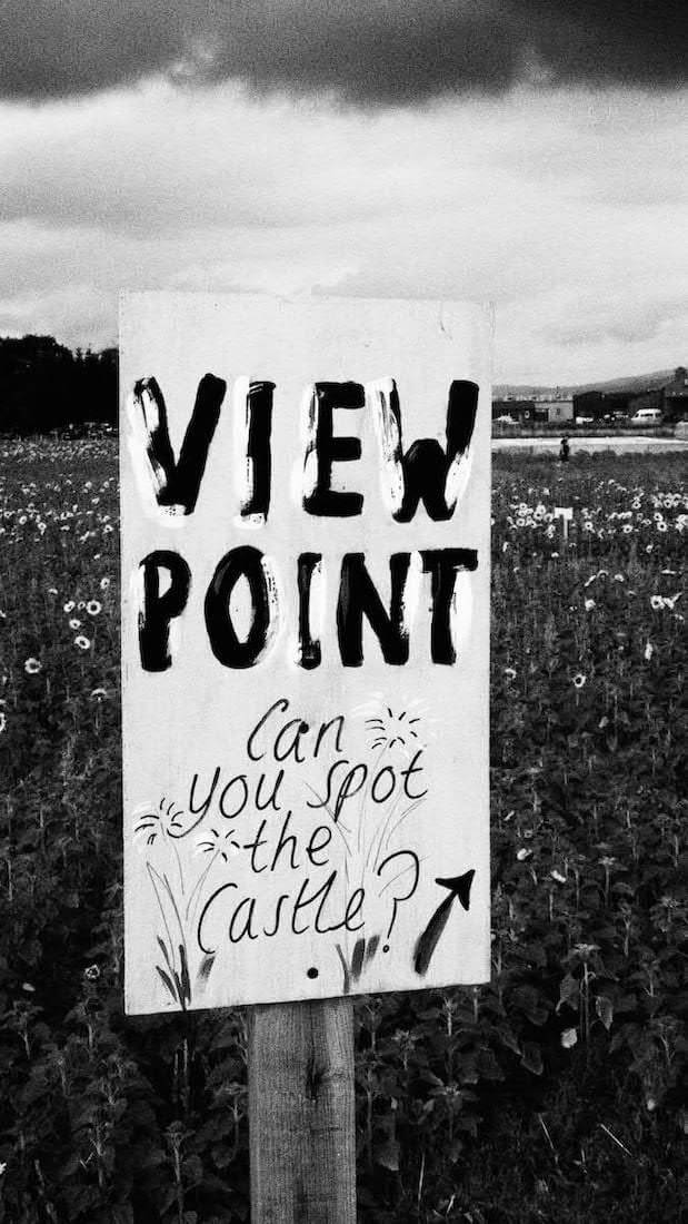 hand made sign in Scottish field pointing to castle