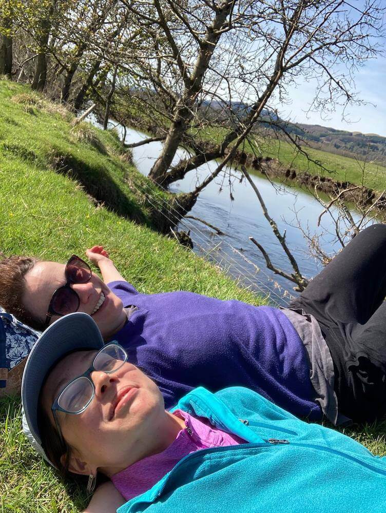 Ruth Pringle resting after cycling with a guest through quiet country lanes in the Scottish countryside