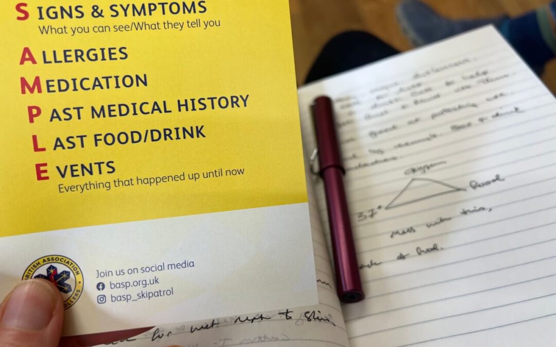 first aid course for testing vs real world learning British Association of Ski Patrollers notebook detail