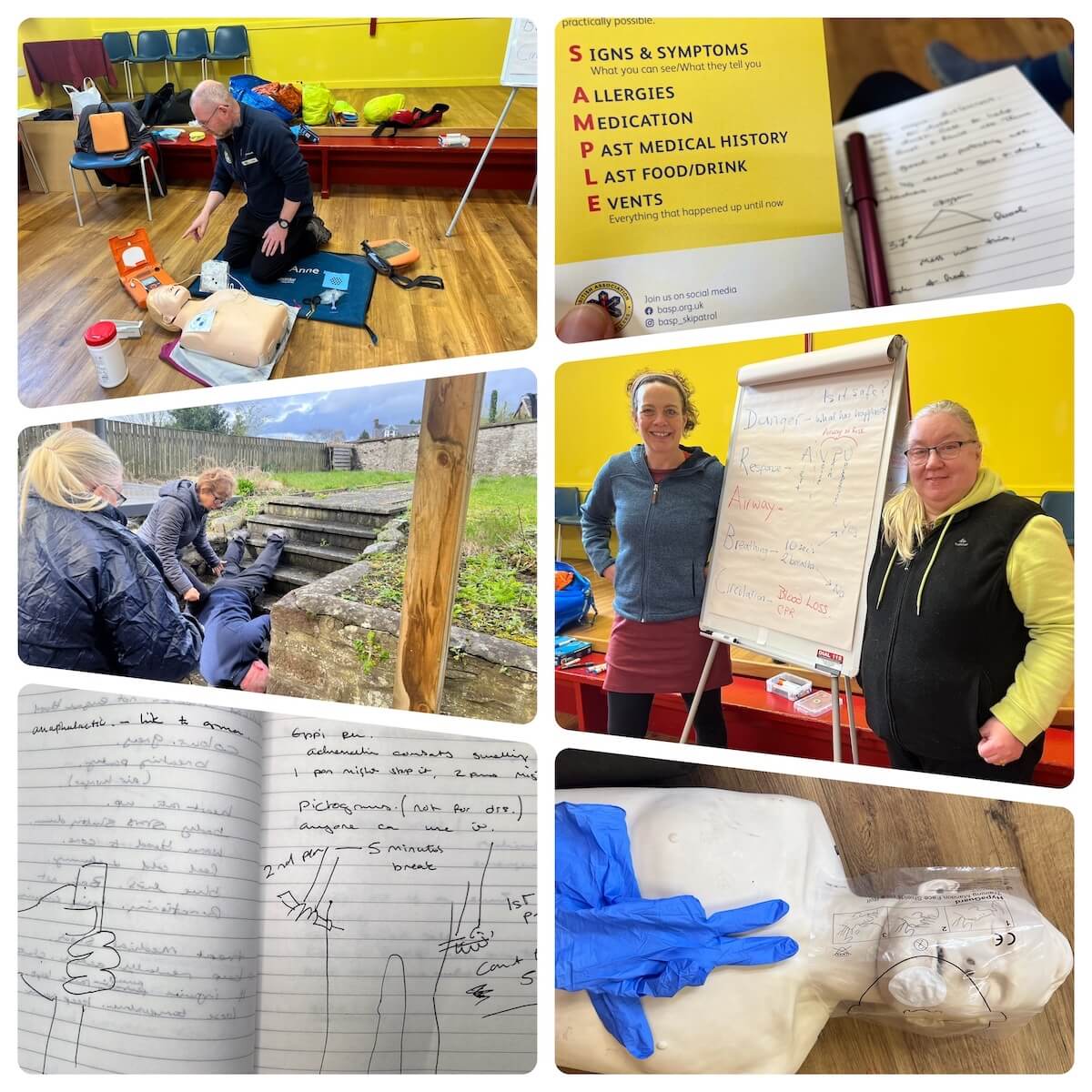 montage of first aid course for testing vs real world learning British Association of Ski Patrollers.