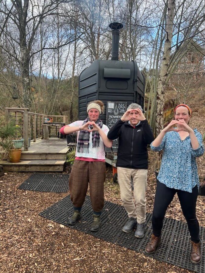 language guests feeling good after a nowehre sauna session at comrie Croft perthshire