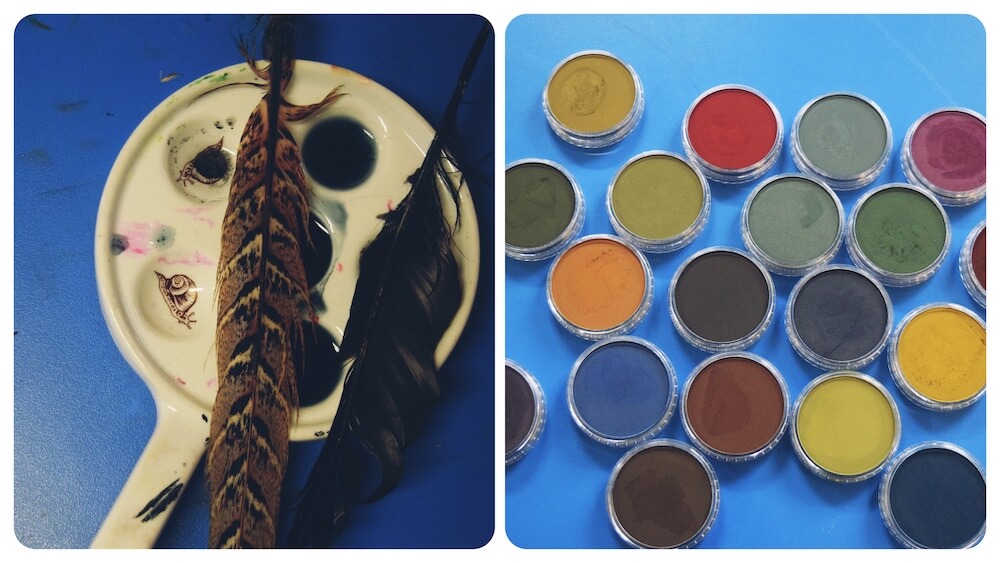 Art materials demonstrated by Liz Kemp at a Perthshire workshop.