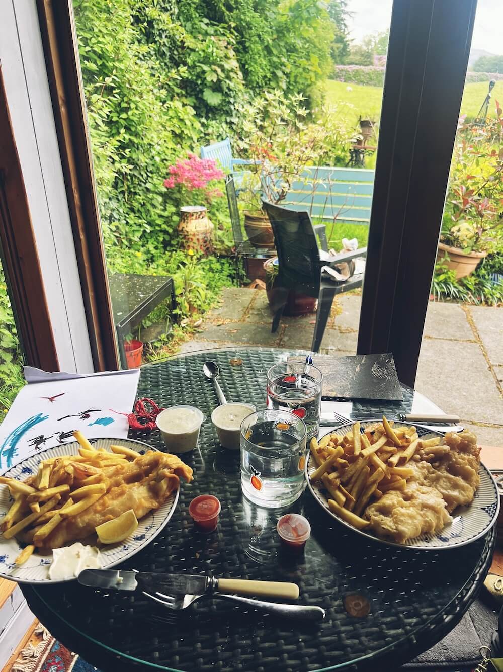 Fish and chips in a Perthshire summerhouse before attending a local art workshop.
