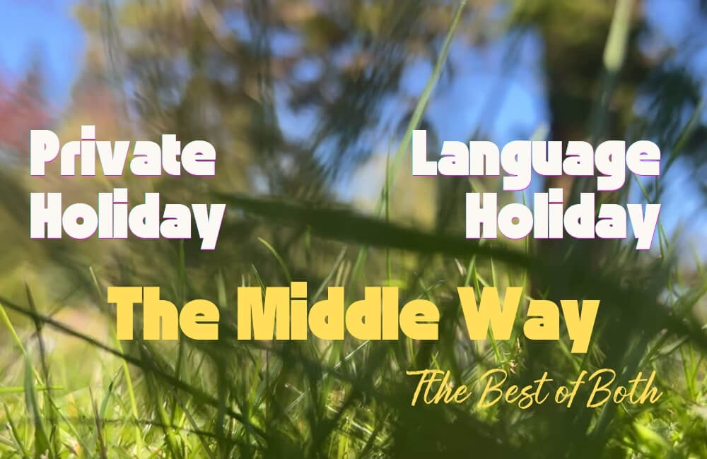 learn English while travelling UK with the Middle way, yellow font on grassy background the middle way