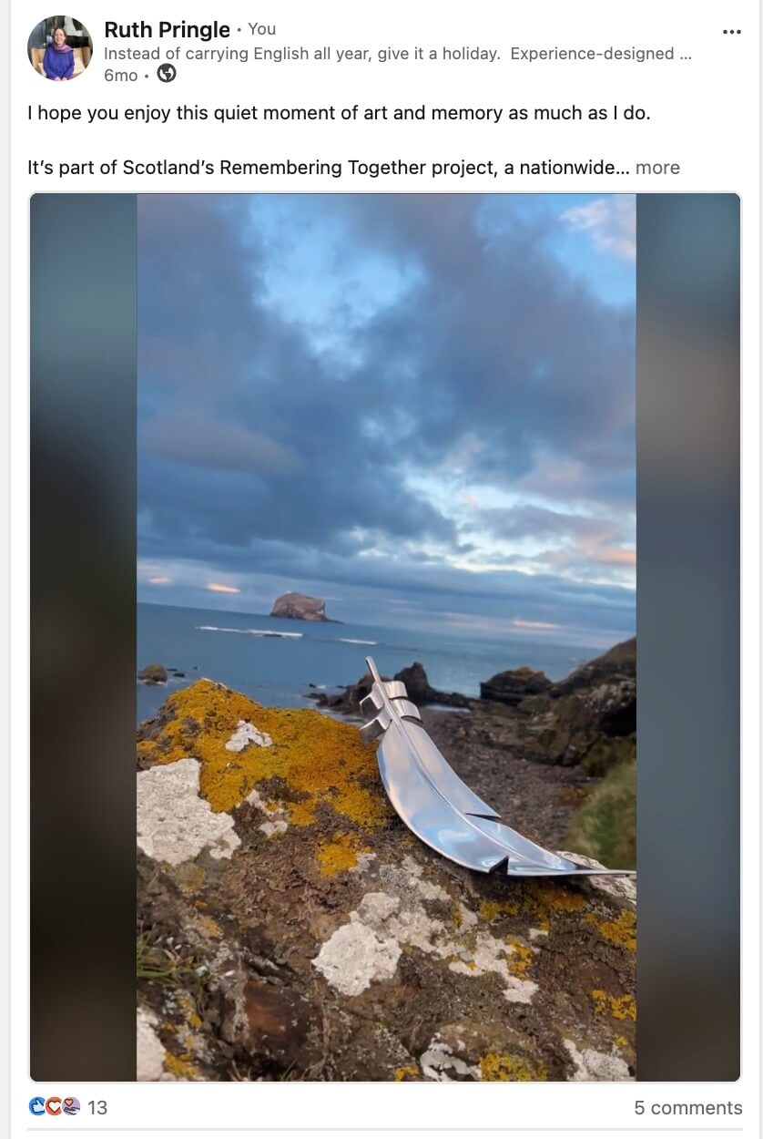 screenshot of LinkedIn post about Covid memorial feather sculptures in East Lothian