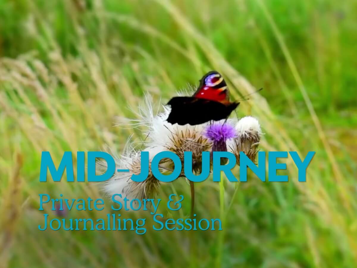 mid-journey-private-travel-journal-session-scotland Mid journey private workshop graphic with butterfly on thistle