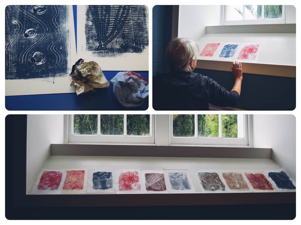 Finished monoprint artworks created during a Perthshire art workshop.