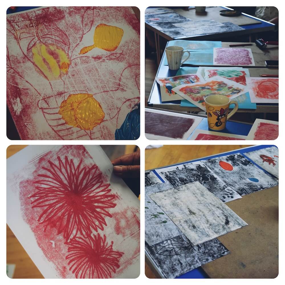 experimenting with monoprinting techniques during an art workshop in Perthshire.