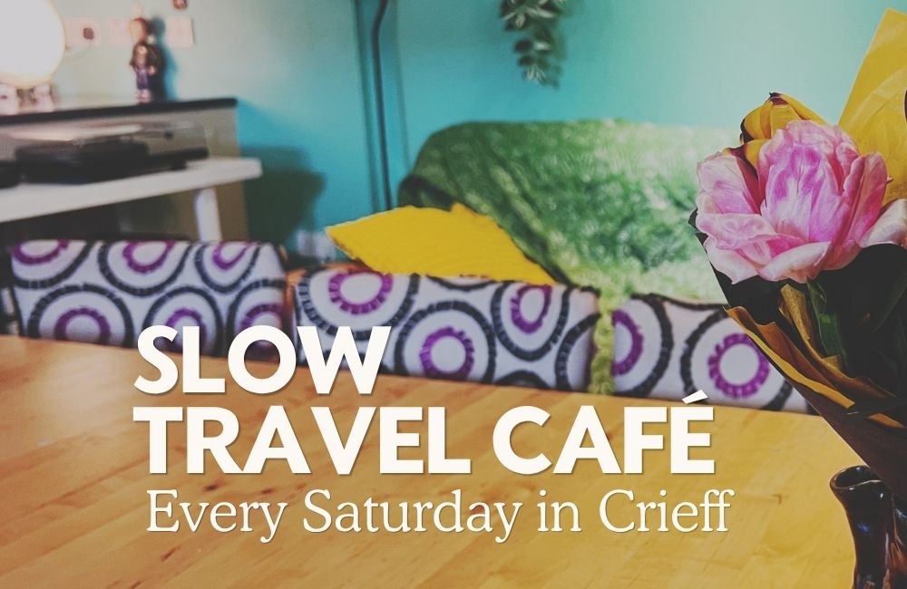 slow travel cafe graphic for English conversation cafe Crieff