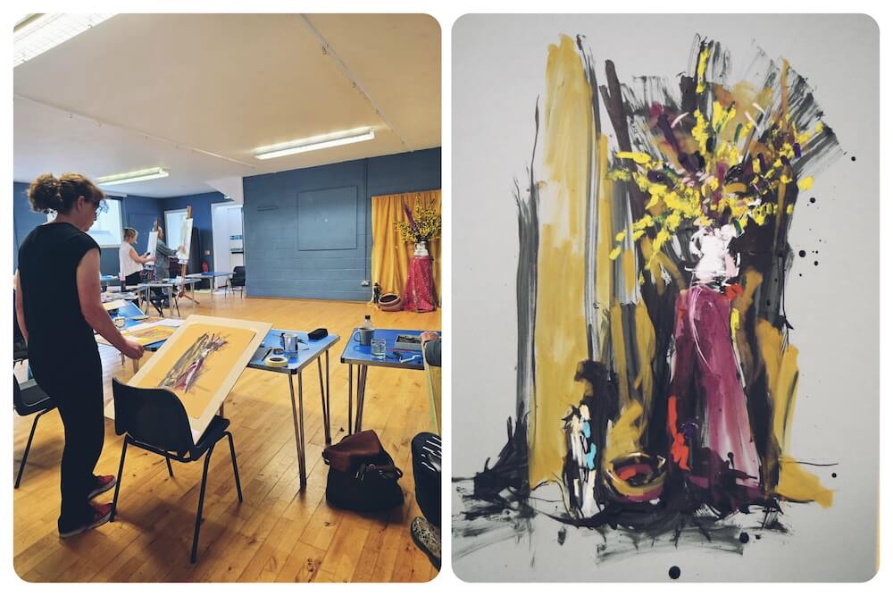 Ruth drawing Still life arrangement used as inspiration during a Perthshire art workshop.