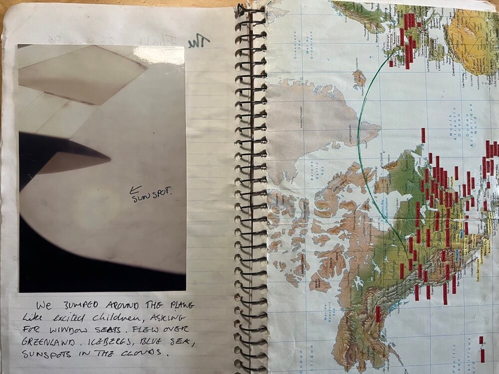 Travel journal filled with drawings and observations made while travelling through Canada and over Greenland