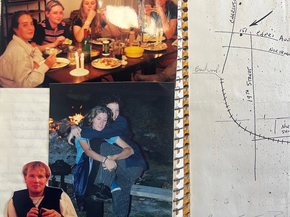 Illustrated travel journal pages combining writing, drawings, and memories from a backpacking trip