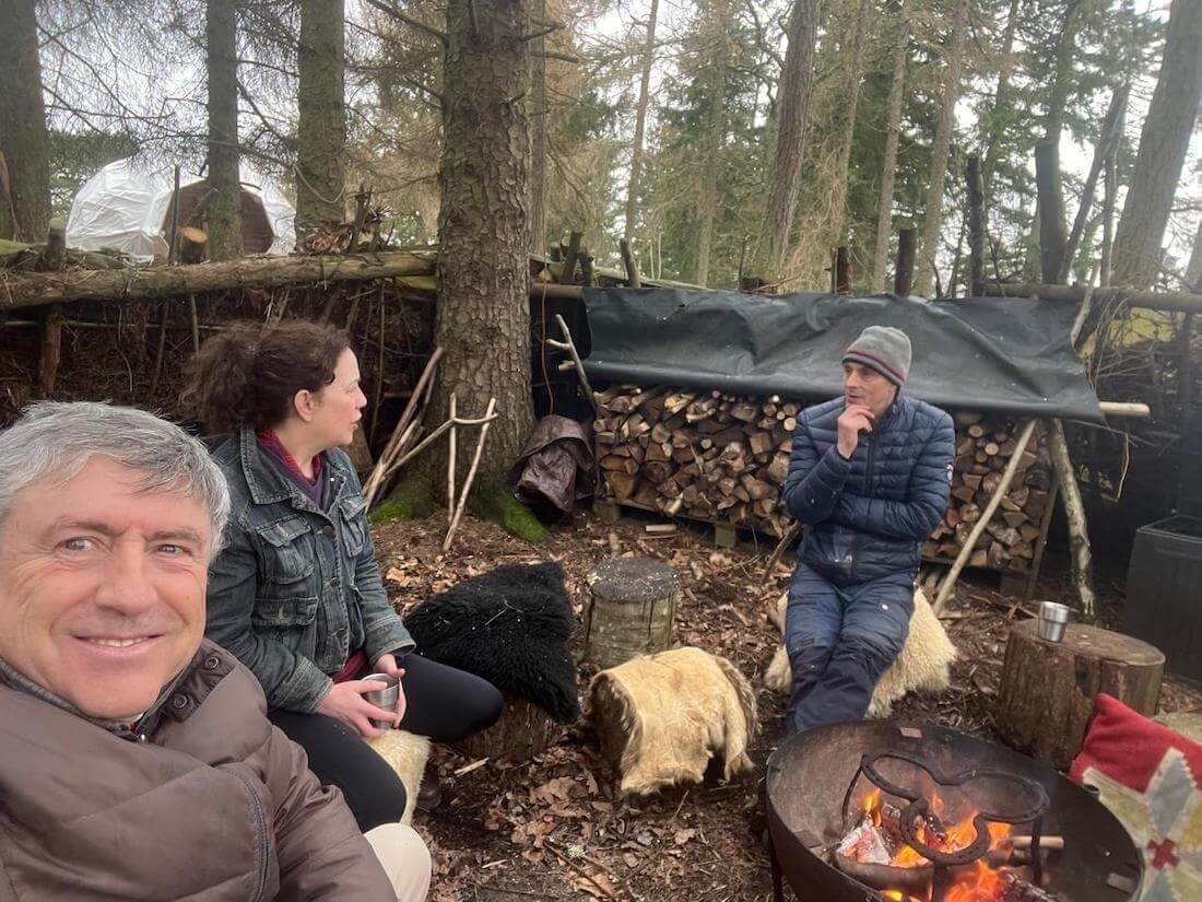 woodland-fireplace-chat-do-it-outdoors Outdoor fire and conversation at Do It Outdoors in Perthshire