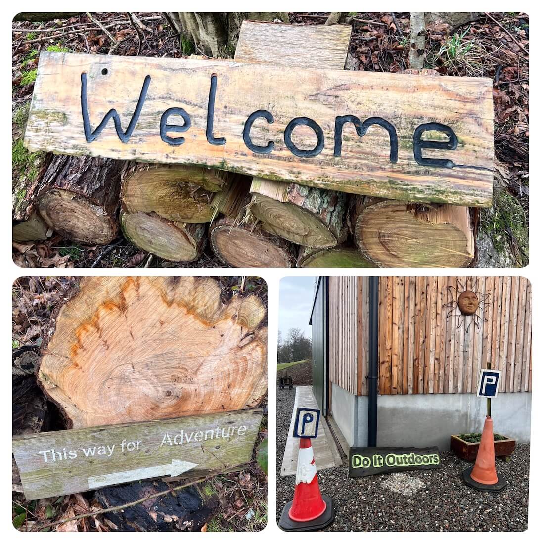 Hand-painted woodland signs at Do It Outdoors in Perthshire