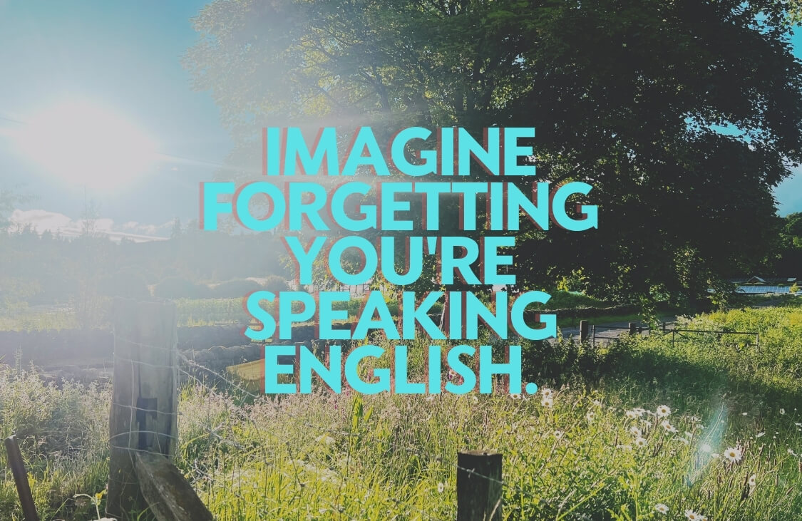 imagine forgetting you are speaking English - graphic with meadow background