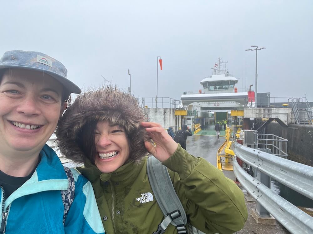 Ruth and language guest in front of Mull ferry