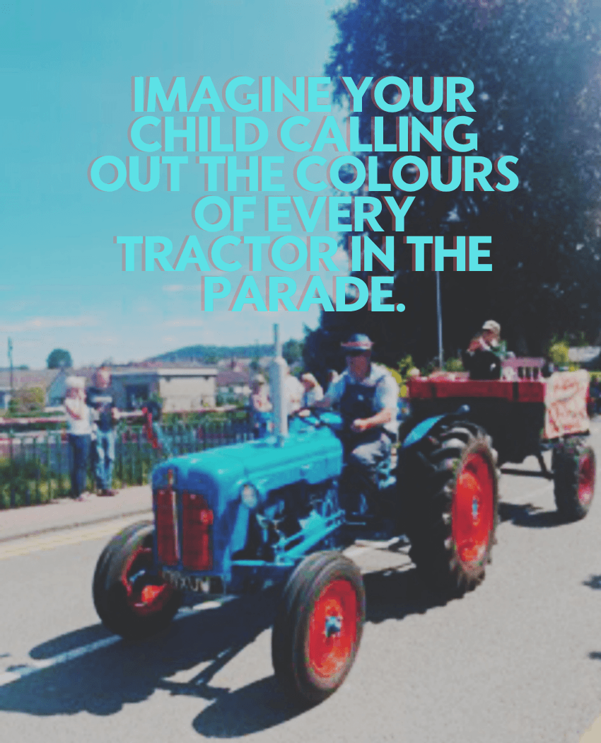tractors during a Scottish tractor parade on a Blue Noun Family English Holiday, where English grows through shared family experiences.