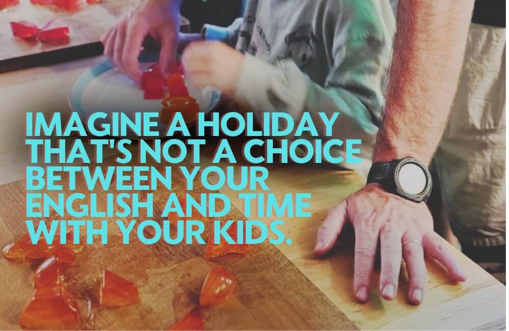 Father's hands with children making colourful jelly during a Blue Noun Family English Holiday in Scotland, using hands-on activities to encourage natural spoken English.