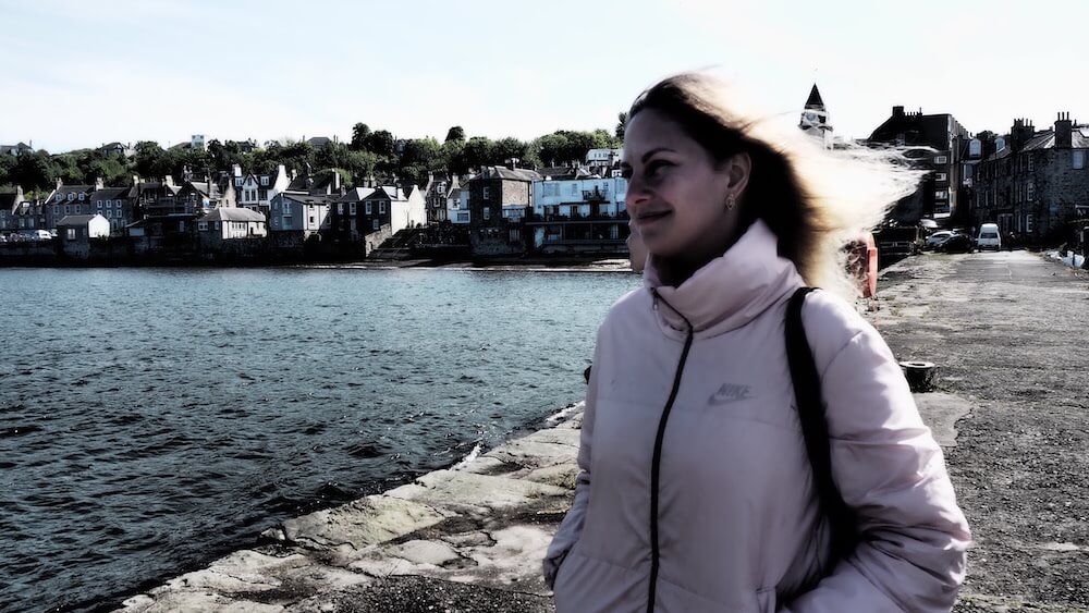 Language student at South Queensferry for boat ride