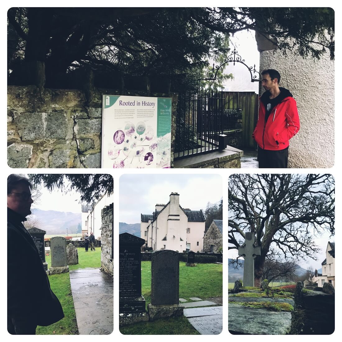 How we share history on a Blue Noun Holiday -  grid of one visit to Fortigall, Perthshire. Churchyard and historic yew tree. 