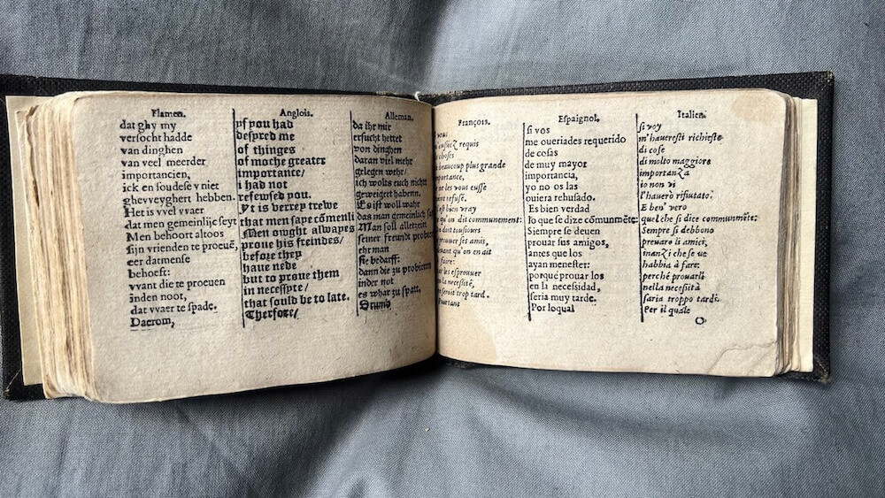 1579 language phrasebook seen at Innerpeffray library during a visit. 