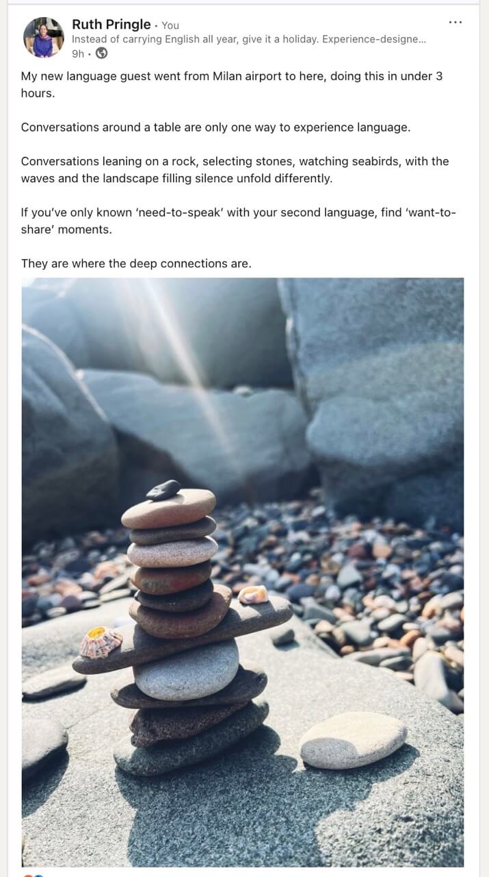 LinkedIn screenshot, stacking Stones on Dysart Beach