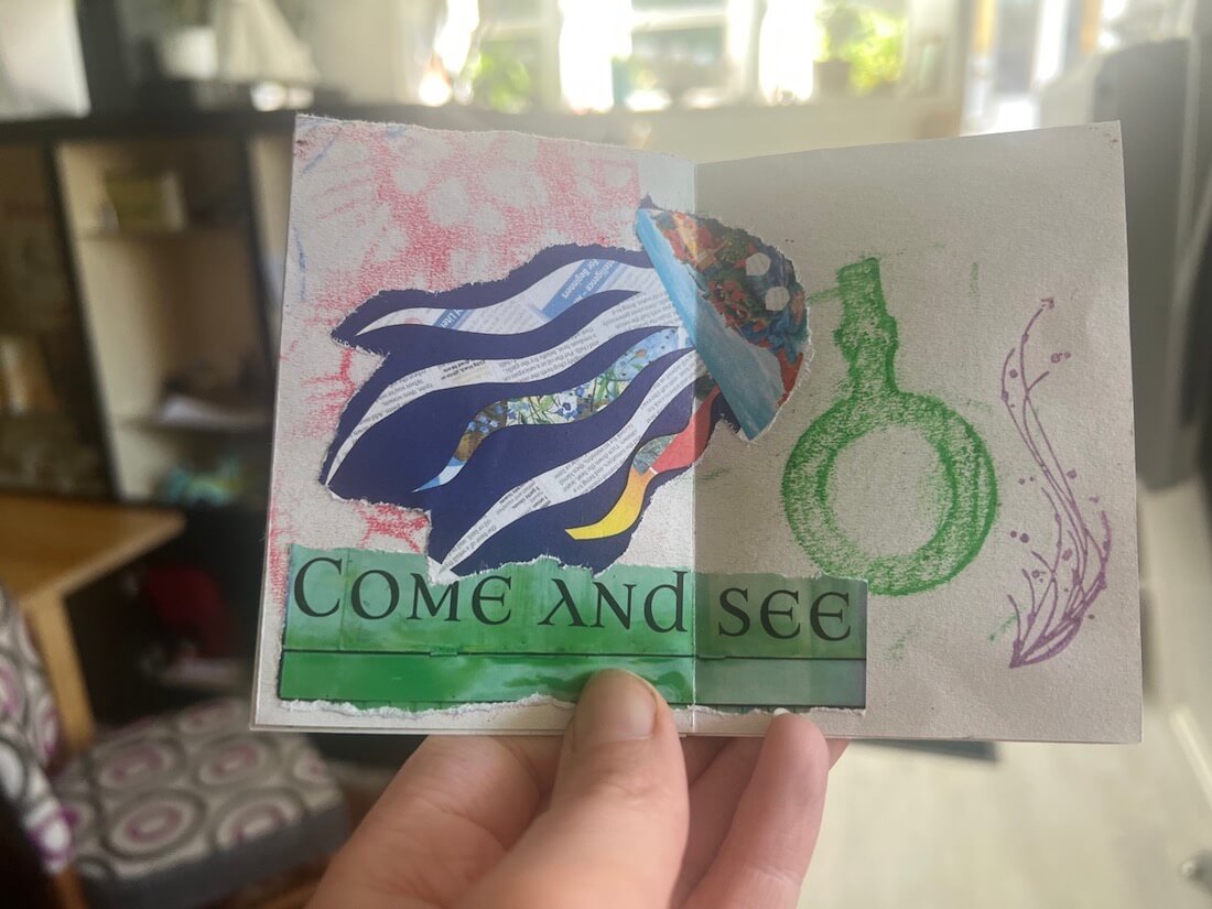 come and see page of handmade book for craft workshops