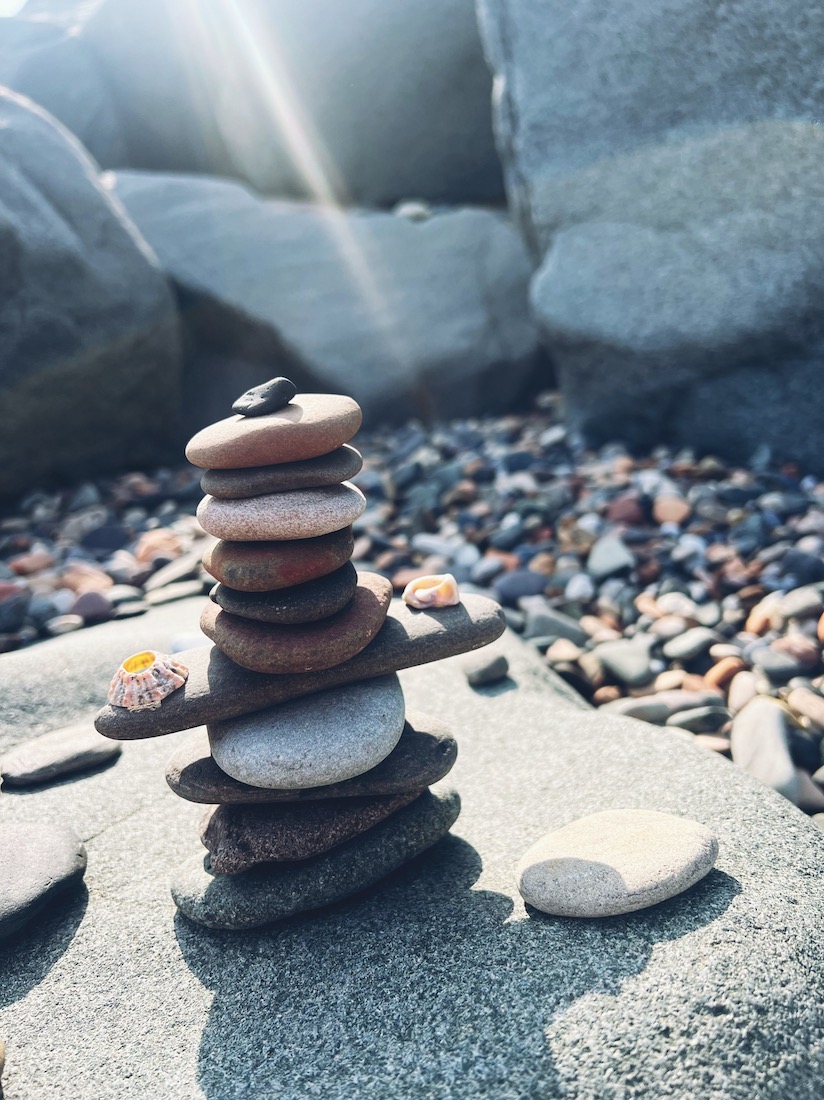 stacking stones on Dysart beach
