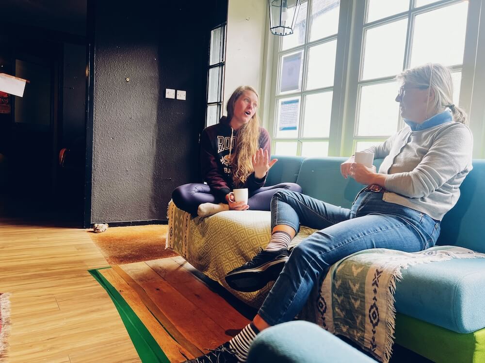 English conversation practice during a holiday with a client visiting a local community space.