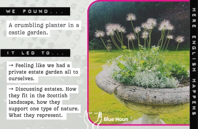 Crumbling stone planter filled with flowers in a Scottish estate garden, photographed during a Blue Noun English immersion experience.