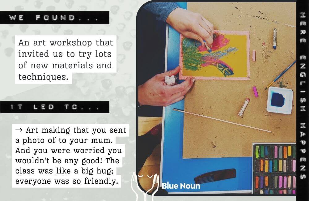 Hands using colourful art materials during a friendly community art workshop on a Blue Noun English immersion holiday.