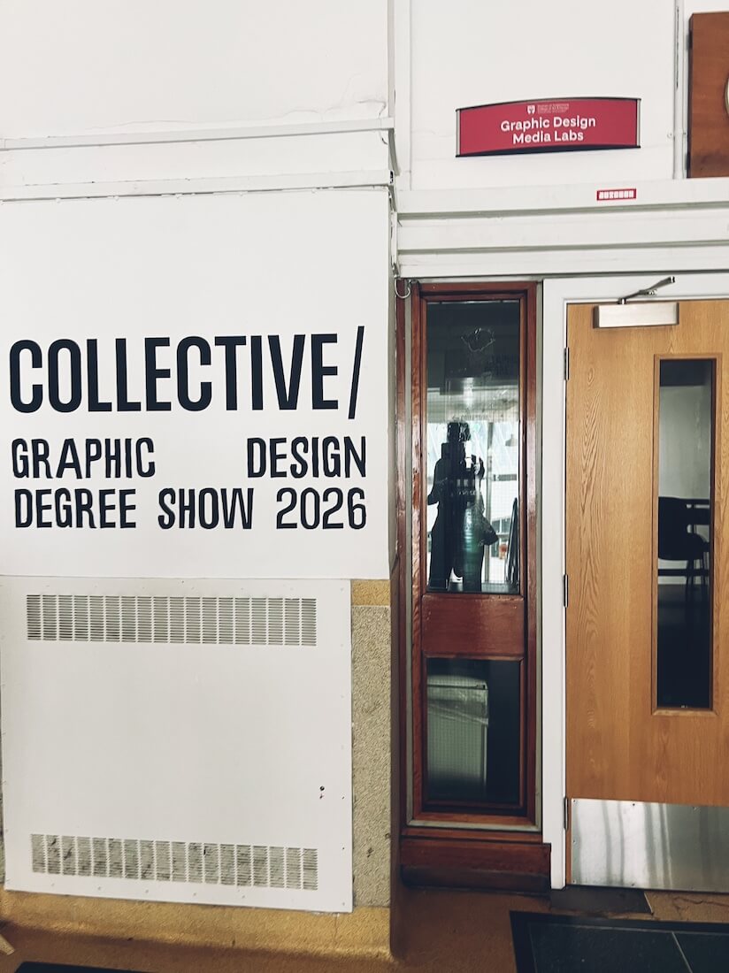 Entrance to the DJCAD Masters Show exhibition in Dundee, welcoming visitors into the art school exhibition spaces.