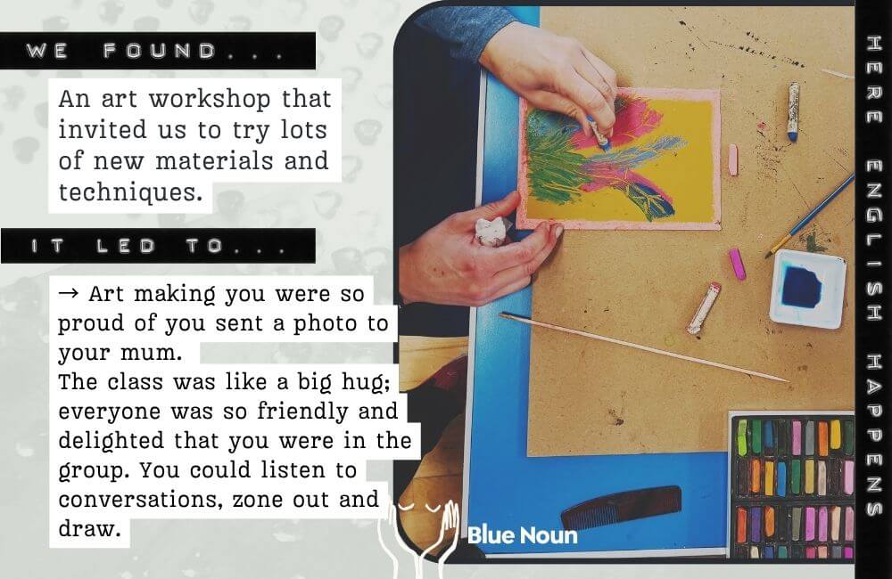 anguage guest experimenting with colourful art materials during a community workshop on a Blue Noun no-classroom English holiday.