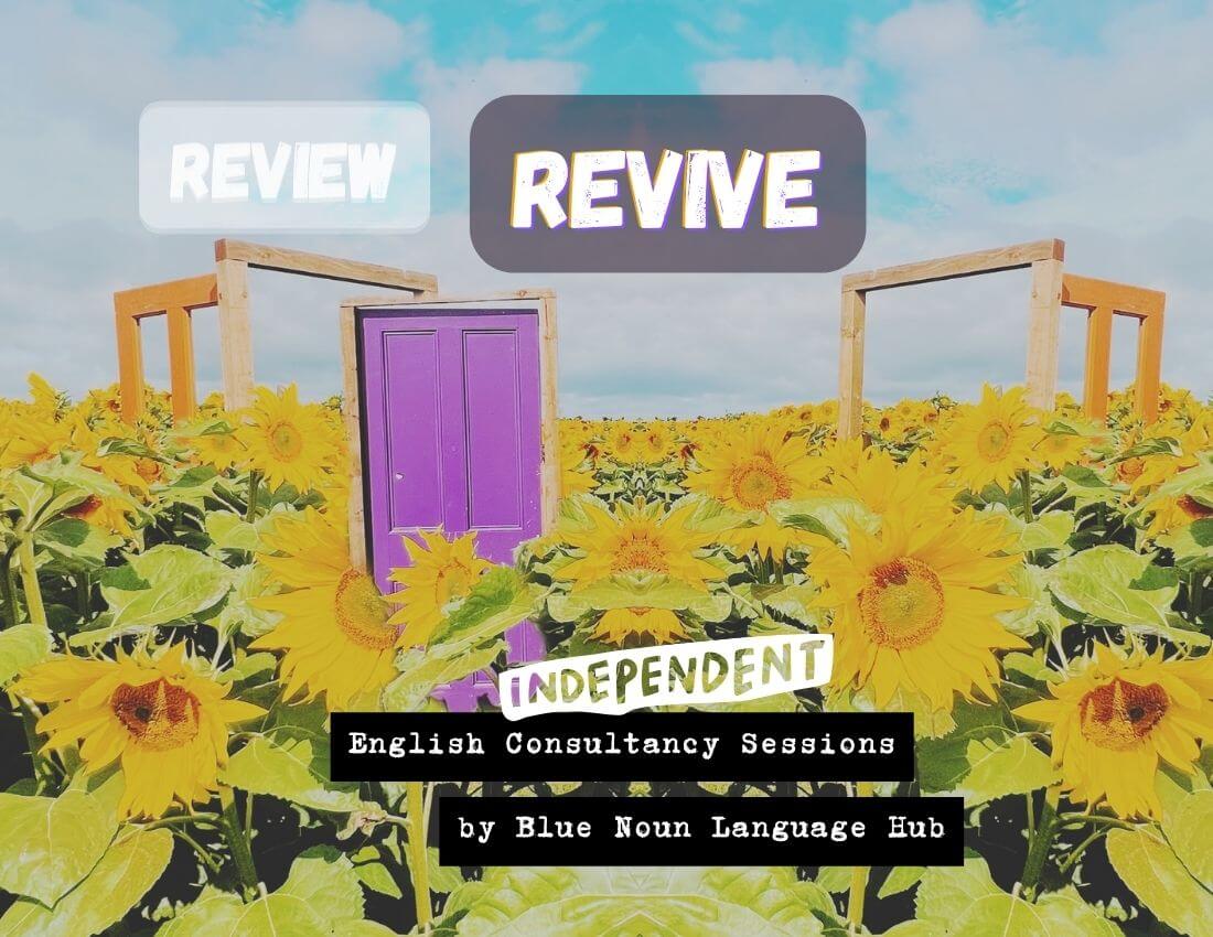 review-revive-english-learning-options-blue-noun Surreal sunflower field with colourful doors, representing different directions for your English learning.