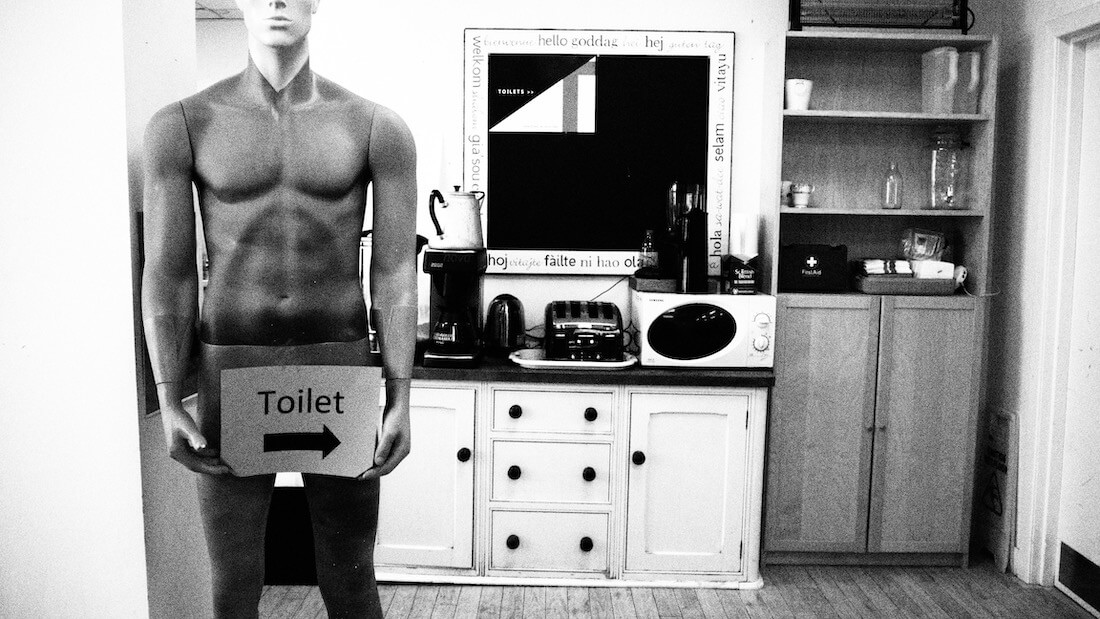 A visit to Made in Stirling, showing its quirky black-and-white kitchen area with a mannequin holding a Toilet sign.