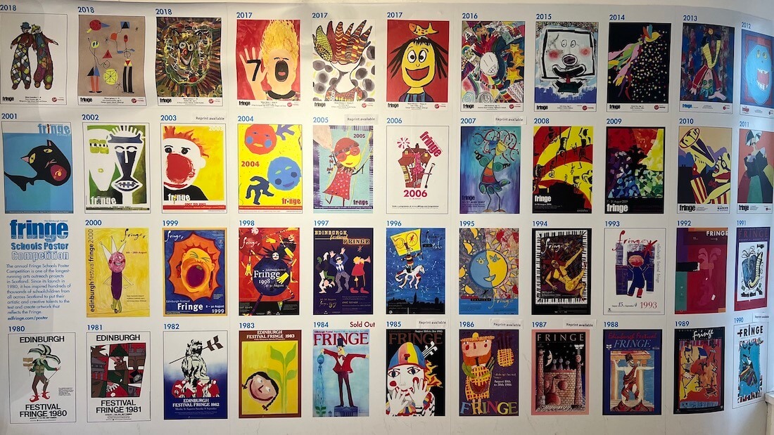 Display of Edinburgh Festival Fringe poster designs, used as a Conversation Wall to compare favourites and discuss design choices.