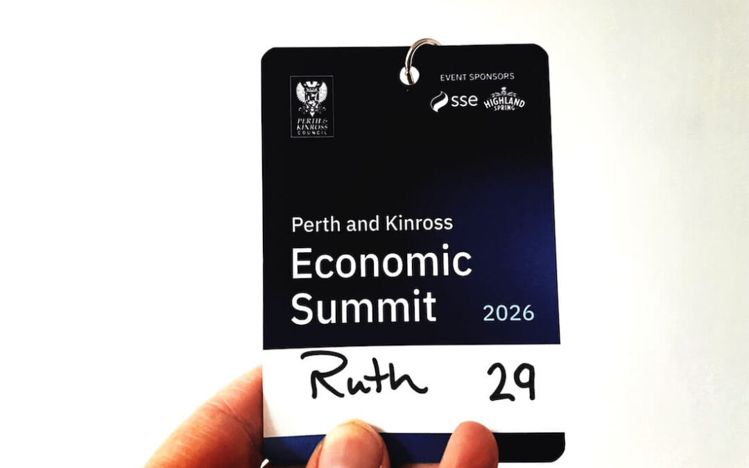 Perth and Kinross Economic Summit 2026 delegate badge held by Blue Noun director Ruth.