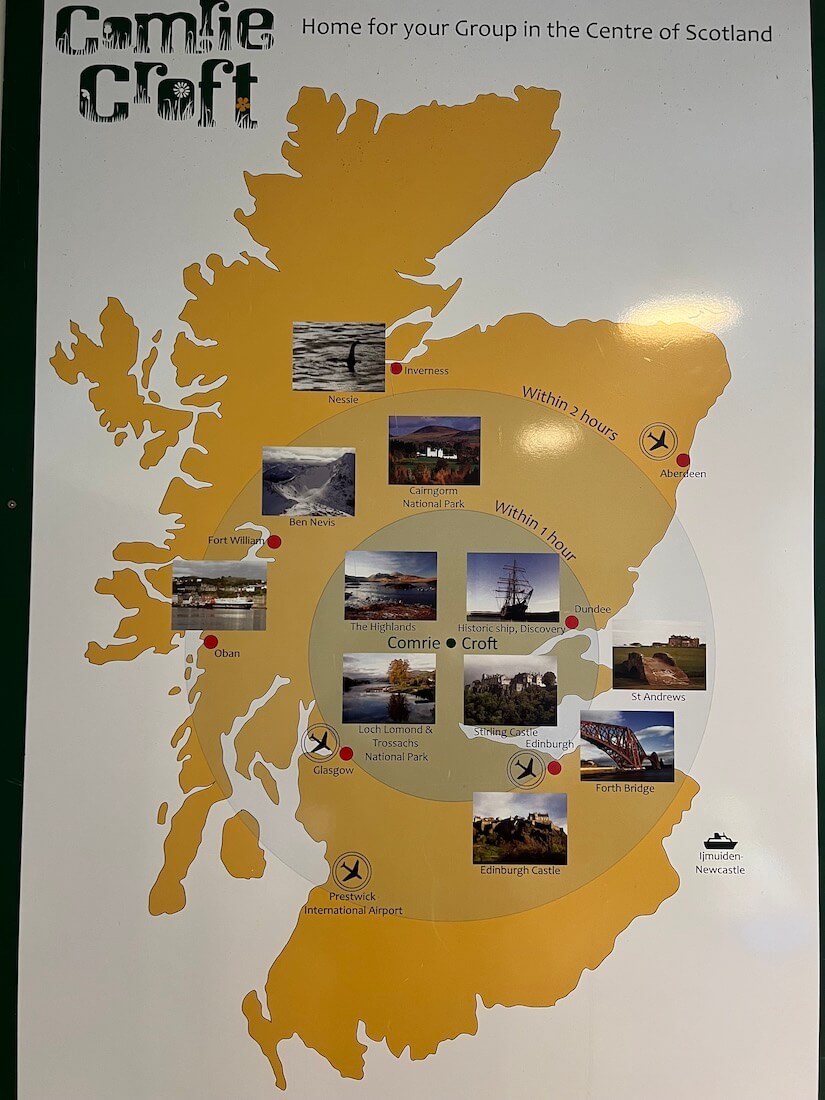 Comrie Croft poster showing places to visit and things to do in Scotland within one or two hours’ drive of Crieff.